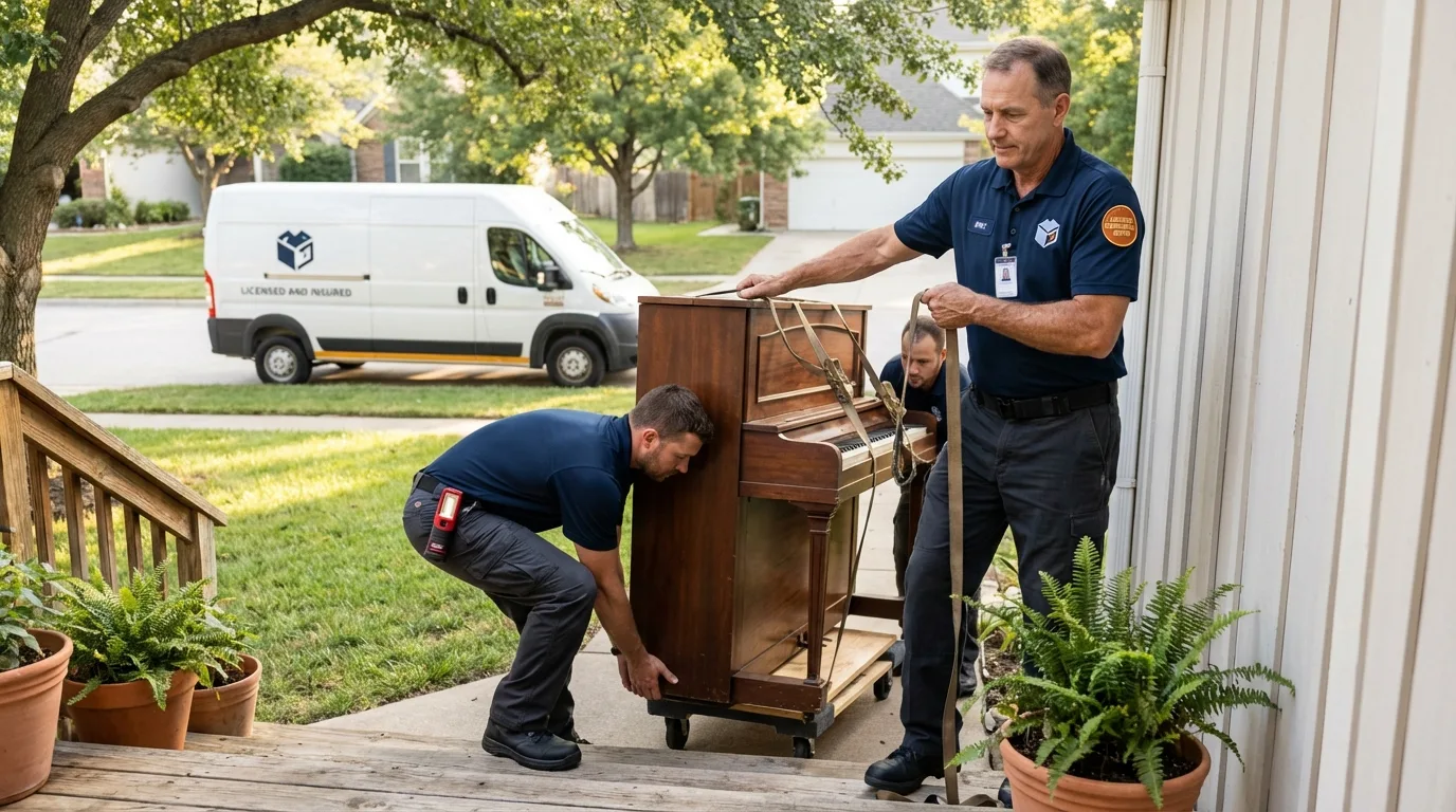 Licensed piano movers securing grand piano in Marmaduke, AR