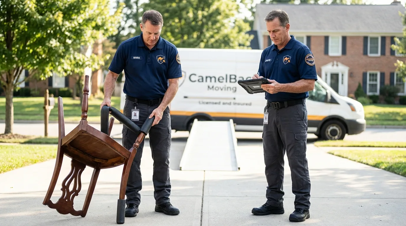 Movers inspecting furniture for damage prevention before loading in Marmaduke, AR